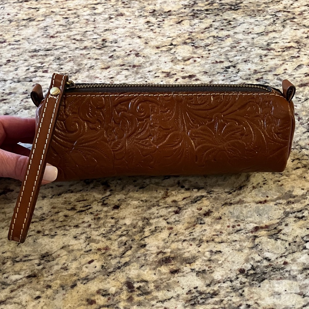 Patricia Nash Cognac Barrel Cosmetic Bag Embossed Leather Wristlet Pouch Zipper